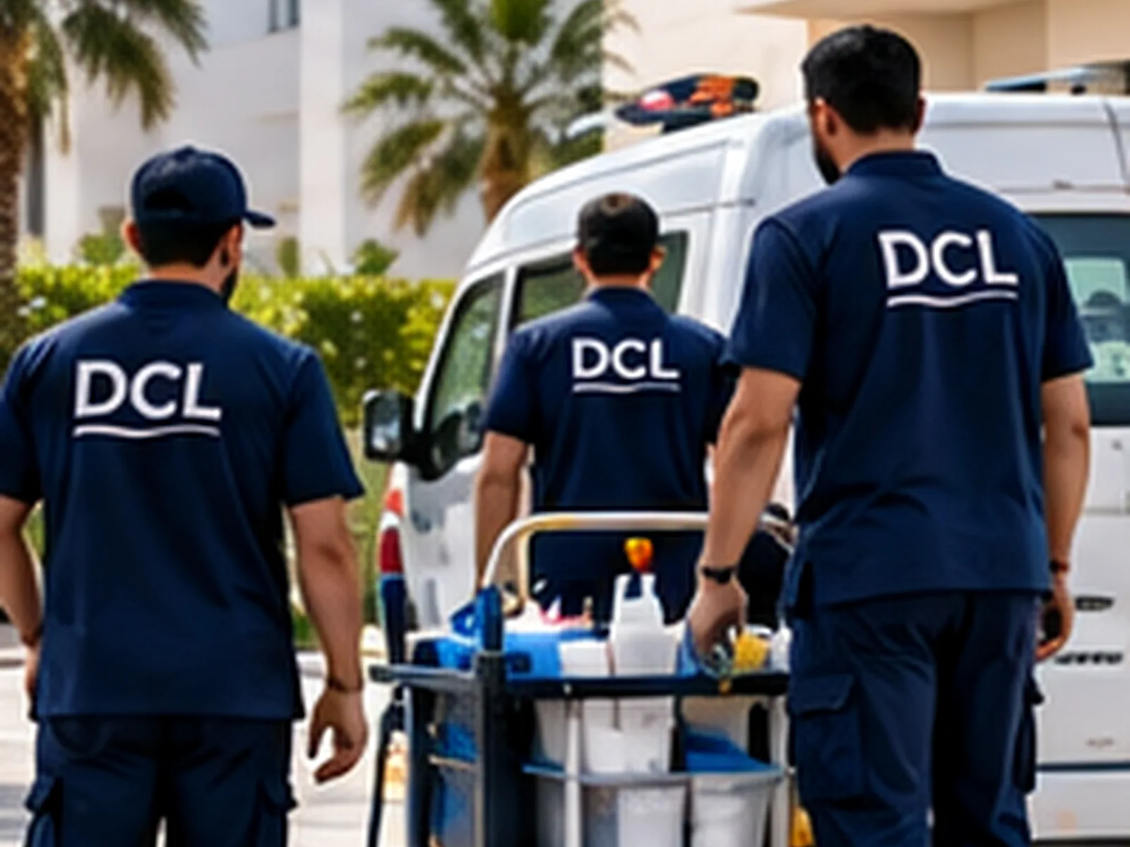 ثلاثة من عاملي DCL بالزي الرسمي متوجهين إلى العمل بعربة تنظيف وسيارة الشركة