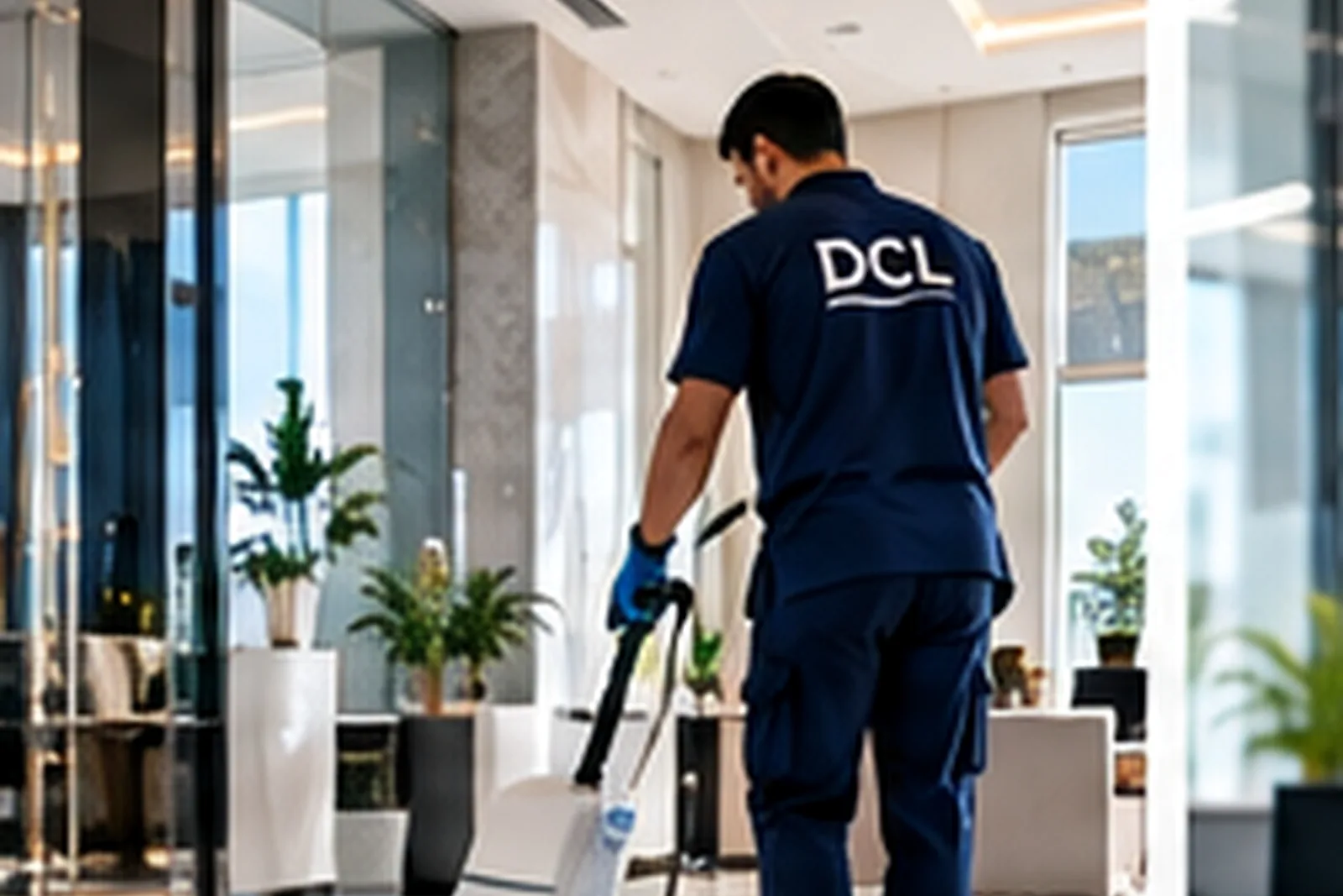 عامل من DCL يشغّل جهاز تنظيف أرضيات في بهو منشأة تجارية