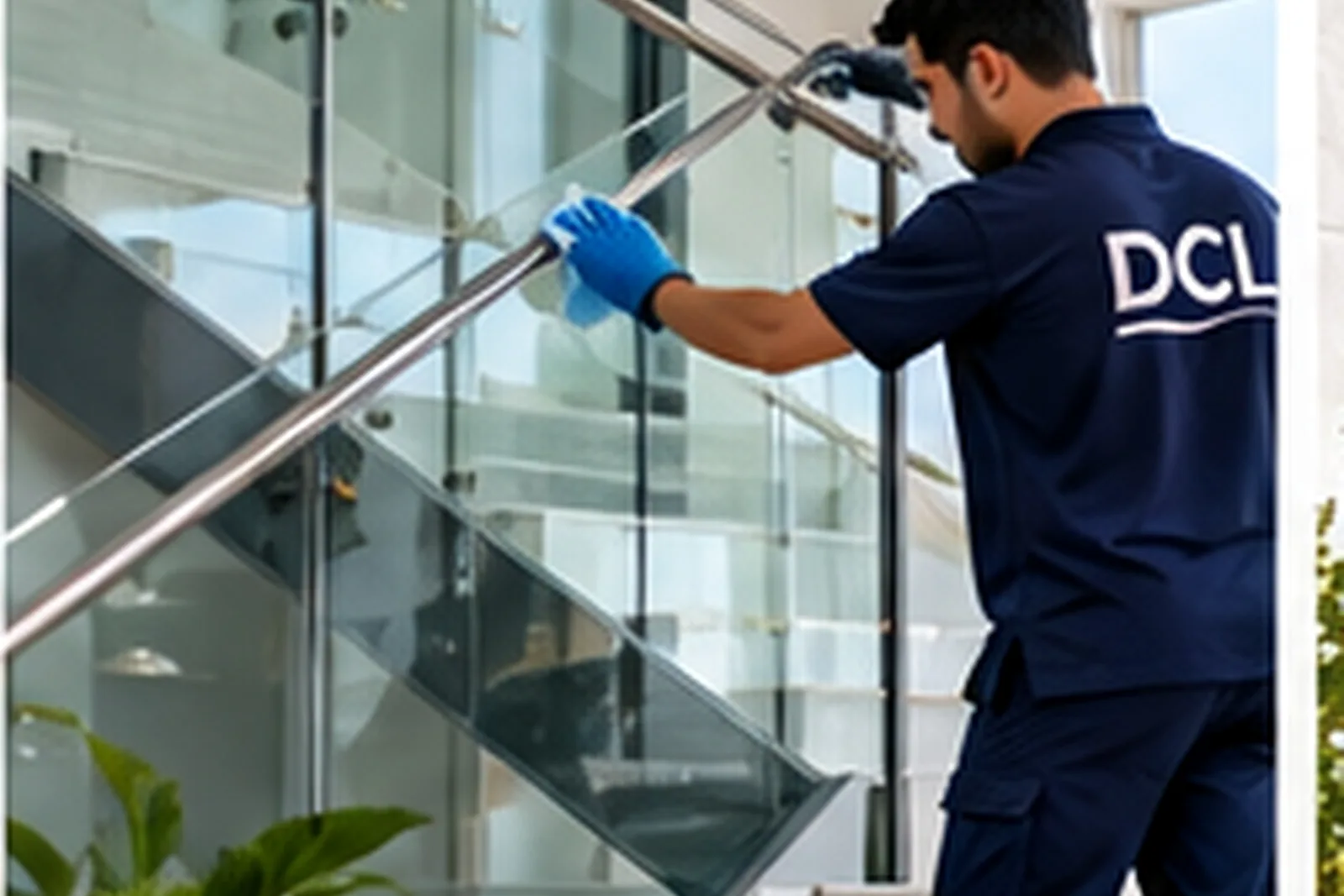 عامل من DCL ينظّف حاجزاً زجاجياً في درج مبنى