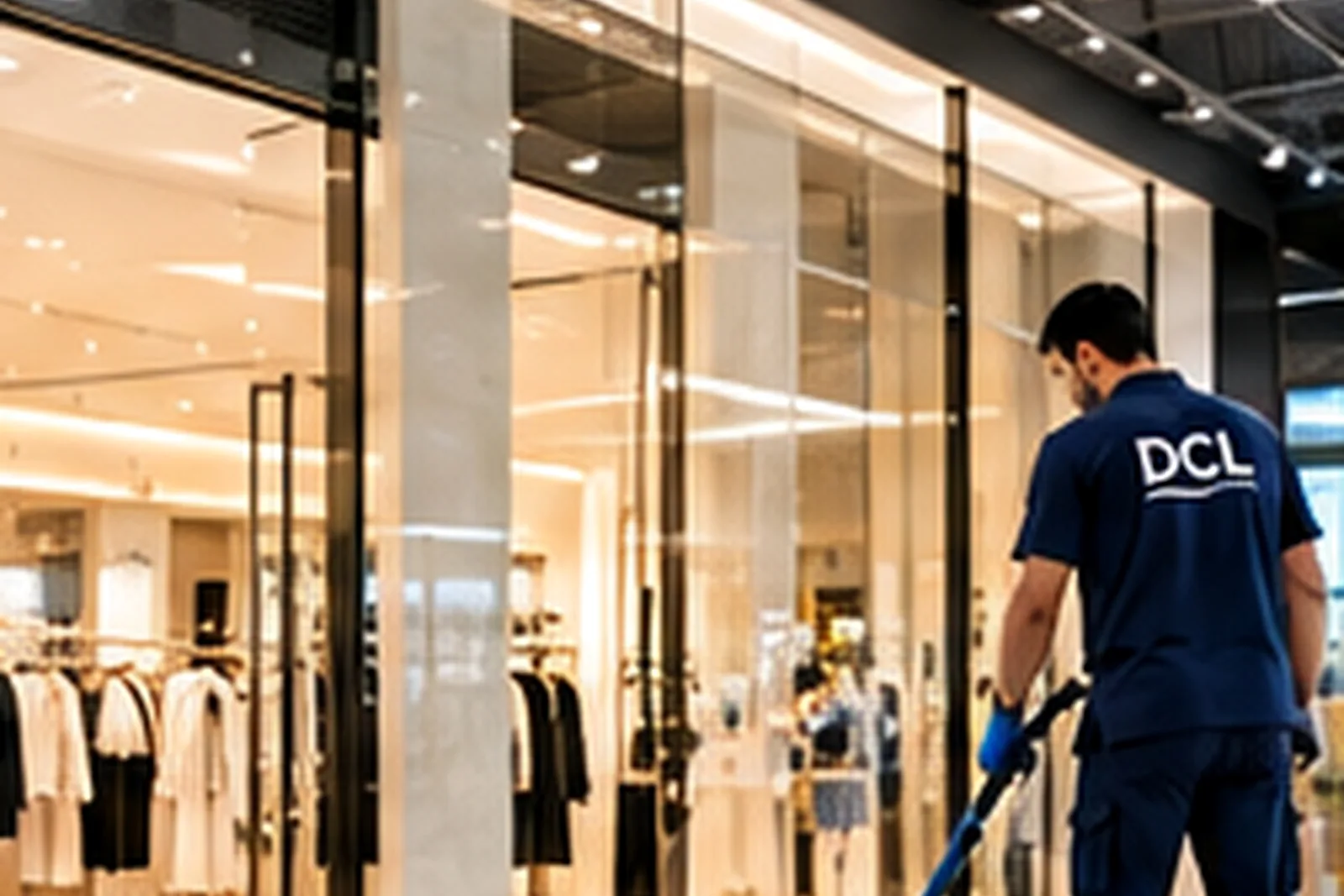 عامل من DCL ينظّف الأرضية أمام متجر