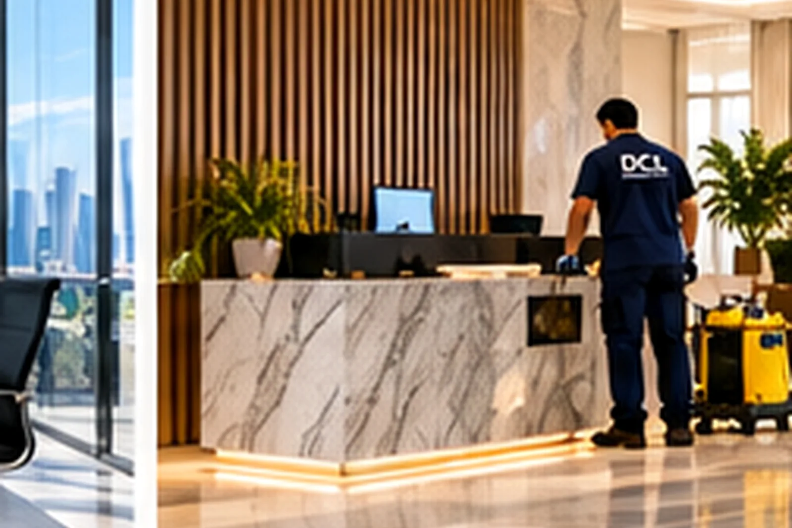 A DCL cleaner cleaning the floor beside an office reception desk