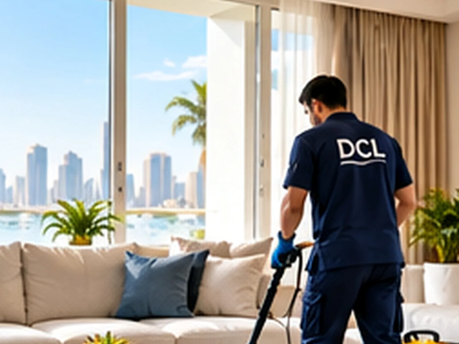 A DCL cleaner vacuuming the floor of a bright living room