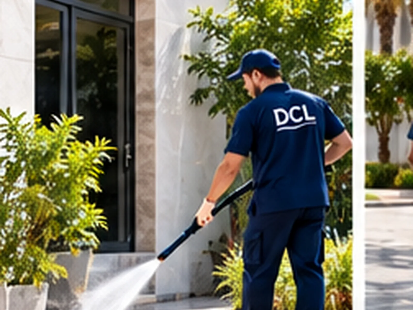 عامل من DCL يغسل جداراً خارجياً لفيلا بالضغط